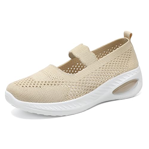 HCDZF Damen Atmungsaktive Sommer Strick Slip On Flache Casual rutschfeste Wanderschuhe,Beige,39 EU von HCDZF
