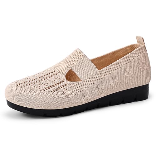 HCDZF Damen Atmungsaktive Sommer Strick Slip On Flache Casual rutschfeste Wanderschuhe,Beige,41 EU von HCDZF