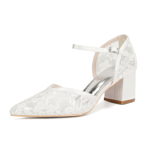 HCDZF Damen Block Heels Knöchelriemen Close Toe Wedding Party Schuhe,Elfenbein,41 EU von HCDZF