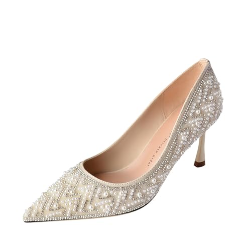 HCDZF Damen High Heels Stiletto Heels Strass Perle Kleid Hochzeit Party Schuhe,Beige,38 EU von HCDZF
