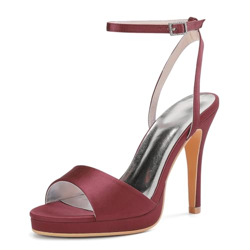 HCDZF Damen Hochzeit Prom Braut Schuhe Offene Zehe High Heels Sandalen Party Kleid Schuh,Burgundy,42 EU von HCDZF