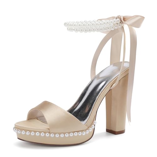 HCDZF Damen Knöchelriemen High Heel Sandalen Damen Hochzeit Braut Party Abschlussball Schuhe,Champagne,43 EU von HCDZF