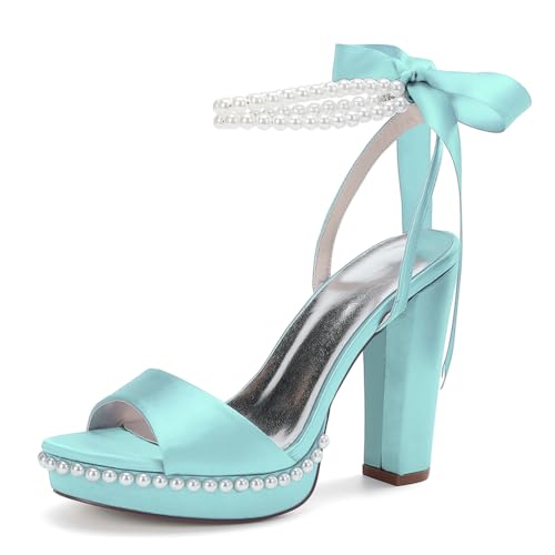 HCDZF Damen Knöchelriemen High Heel Sandalen Damen Hochzeit Braut Party Abschlussball Schuhe,Light Blue,38 EU von HCDZF