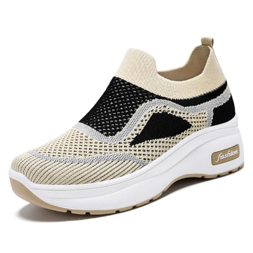HCDZF Damen Mesh Atmungsaktive Freizeit Turnschuhe Stricken Slip On Bequeme Wanderschuhe,Beige,40 EU von HCDZF
