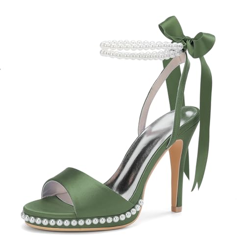 HCDZF Damen Sandalen High Heels Perle offene Zehenpartie Satin Hochzeit Abend Party Sandalen,Army Green,41 EU von HCDZF