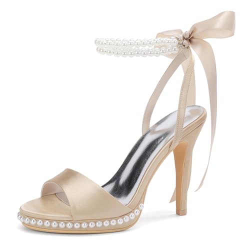 HCDZF Damen Sandalen High Heels Perle offene Zehenpartie Satin Hochzeit Abend Party Sandalen,Champagne,40 EU von HCDZF