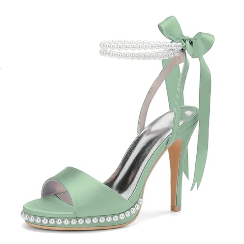 HCDZF Damen Sandalen High Heels Perle offene Zehenpartie Satin Hochzeit Abend Party Sandalen,Grass Green,36 EU von HCDZF