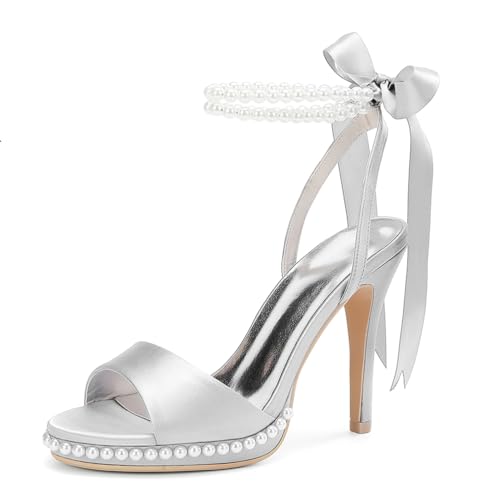 HCDZF Damen Sandalen High Heels Perle offene Zehenpartie Satin Hochzeit Abend Party Sandalen,Silber,35 EU von HCDZF