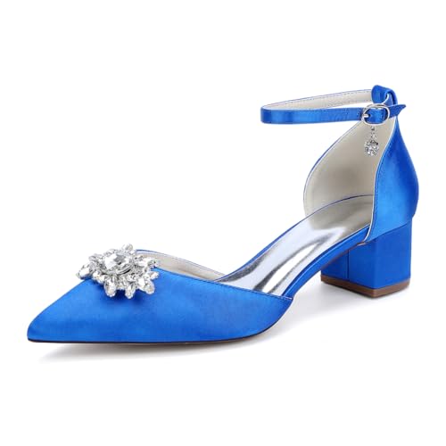 HCDZF Damen Spitze Zehe Brautschuhe Satin Chunky Block Heels Party Kleid Schuhe,Royal Blue,36 EU von HCDZF