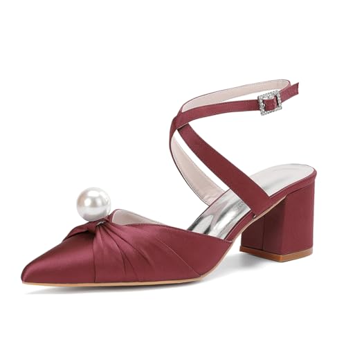 HCDZF Damen Spitze Zehe High Heels Hochzeit Braut Party Kleid Schuhe,Burgundy,38 EU von HCDZF