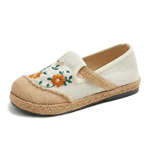HCDZF Damen Sticken Leinen Flache Schuhe Freizeitschuhe Bequeme Low-Top Schuhe Slip-On Wanderschuhe,Weiß,38 EU von HCDZF