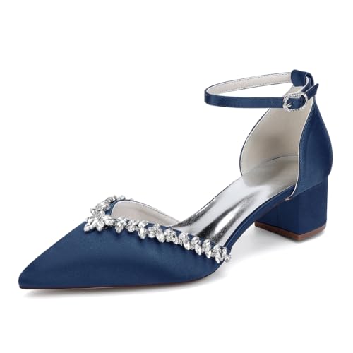 HCDZF Femmes Bloc Talon Mariage Mariée Chaussures Bout Pointu Strass Chaussures Habillées,Dark Blue,39 EU von HCDZF