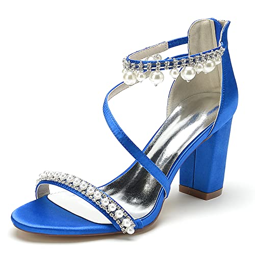 HCDZF Frauen Brautschuhe Schuhe Offene Zehe High Heel Satin Sandalen Hochzeitsschuhe,Royal blue,37 EU von HCDZF