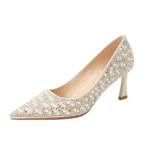 HCDZF Frauen High Heels Strass Perle Spitze Zehe Braut Party Kleid Schuhe,Beige,36 EU von HCDZF