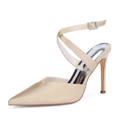 HCDZF Frauen Satin High Heel Spitze Zehe Braut Party Kleid Schuhe,Champagne,40 EU von HCDZF