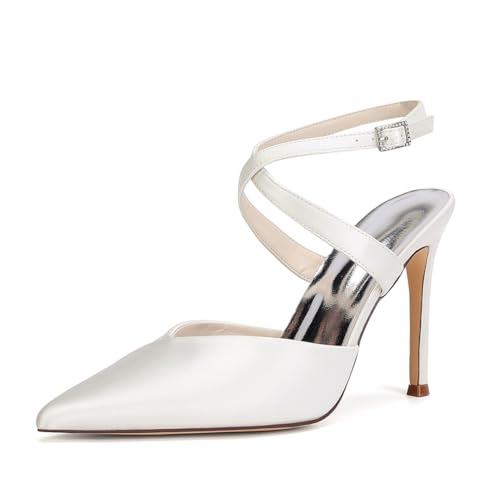 HCDZF Frauen Satin High Heel Spitze Zehe Braut Party Kleid Schuhe,Elfenbein,39 EU von HCDZF