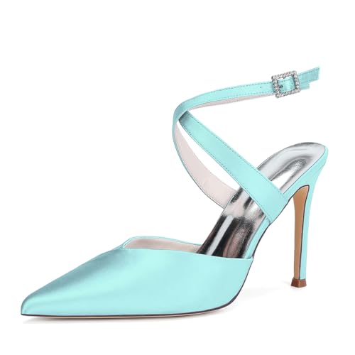 HCDZF Frauen Satin High Heel Spitze Zehe Braut Party Kleid Schuhe,Light Blue,39 EU von HCDZF
