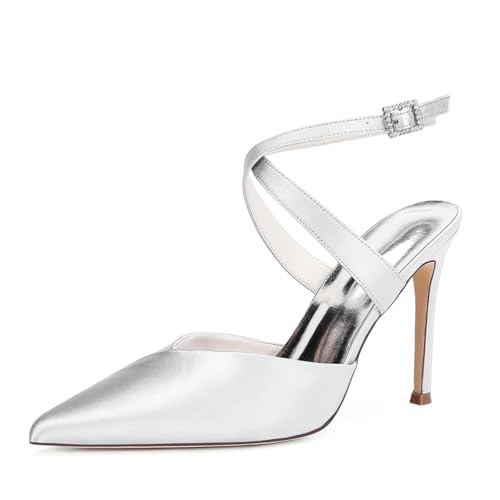 HCDZF Frauen Satin High Heel Spitze Zehe Braut Party Kleid Schuhe,Silber,41 EU von HCDZF