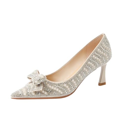 HCDZF Frauen Spitze Zehe Strass High Heels Hochzeit Braut Party Kleid Schuhe,Beige,36 EU von HCDZF