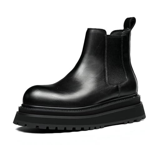 HCDZF Herren Leder Stiefeletten Leder Plateau Mode Chelsea Stiefel,Schwarz,43 EU von HCDZF