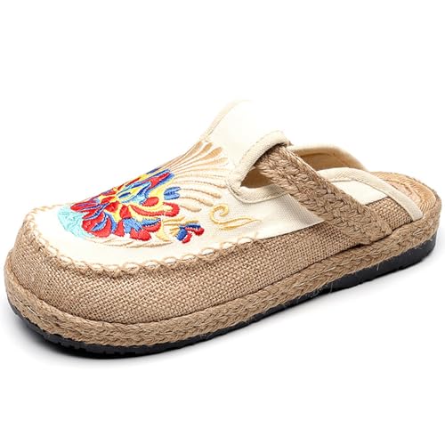 HCDZF Mode Damenschuhe Ethnischer Stil Besticktes Leinen Atmungsaktiv Freizeit Hausschuhe Schuhe,Weiß,38 EU von HCDZF