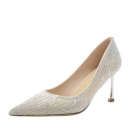 HCDZF Mode Strass Frauen Pumps Hochzeit Spitze Zehe High Heels Hochzeit Party Kleid Schuhe,Beige,35 EU von HCDZF