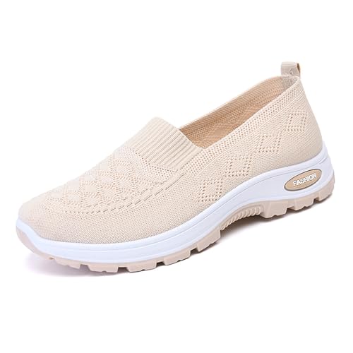 HCDZF Schuhe Damen Slip on Sneaker Frauen Gewebt Atmungsaktiv Turnschuhe Leicht Sportschuhe Walkingschuhe,Beige,38 EU von HCDZF