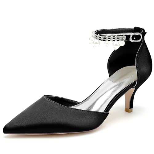 Hochzeit Schuhe für Braut Brautjungfer Frauen Geschlossene Zehe Spitz Satin Pumps Hochzeit Abend Täglich,Schwarz,42 EU von HCDZF