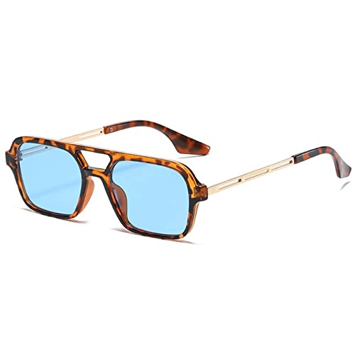 HCHES Retro-Doppelbrücken-Frauen-Sonnenbrille-Art- und Weiseluxusgradient-Brillen, die hohle Leopard-Blau-Sonnenbrille-Mann-Sonnenbrille-UV400,Leopard-Blau,als Abbildung neigen von HCHES