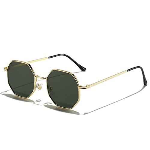 Polygon Sonnenbrille Herren Vintage Octagon Metall Sonnenbrille Damen Goggle Sonnenbrille Herren Gafas De Sol UV400,C02 Gold Grün,Einheitsgröße von HCHES