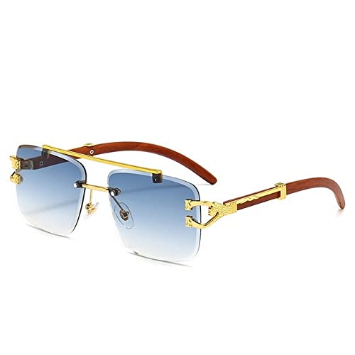 Retro Holzdruck Randlose Quadratische Sonnenbrille Damen Luxus Designer Goldlöwe Dekoration Sonnenbrille Herren Shades Oculus,Blau,A von HCHES