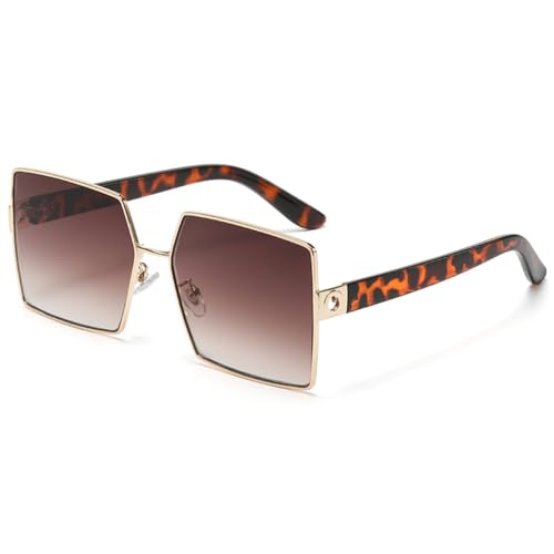 Übergroße quadratische Sonnenbrille Damen Vintage Metall Sonnenbrille Herren Shades Retro Flat Top Brillen UV400,Leopard,Einheitsgröße von HCHES