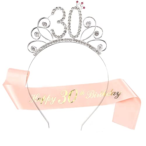HCRXVV Dirty Thirty Geburtstagskrone Schärpe Set Roségold Kristall Kronen Passend für Birthday Girl,Krone Damen für 30.Geburtstag Mädchen Geschenk Junggesellinnenabschied Set Prinzessin für Frauen von HCRXVV