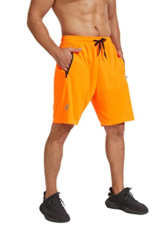 HCSS Herren Sport Shorts Kurze Hose Schnell Trocknend Basketball Shorts Sommer mit Reißverschlusstasche(Orange-L) von HCSS