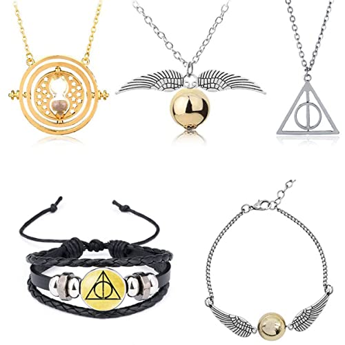 HCSUI 5 Stück Cosplay Schmuck Set Zeitumkehrer Kette Anhänger Halsketten Heiligtümer des Todes und Goldener Schnatz Halskette mit Armband for Kinder Sammlung Halloween Cosplay von HCSUI