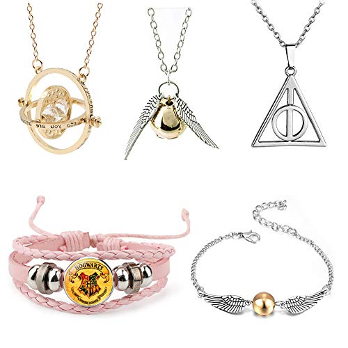 5 Stück halskette Schmuck Set- Zeitumkehrer Kette Anhänger Halsketten Heiligtümer des Todes und Goldener Schnatz Halskette mit Armband for Kinder Kostüm Requisiten Cosplay Fans Sammlung von HCSUI