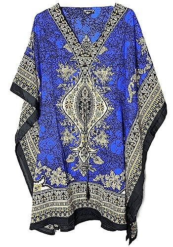 Kaftan Sommerkleid für Damen, kurzärmelig, Einheitsgröße, hergestellt in Indien, blau, One size von HCZ