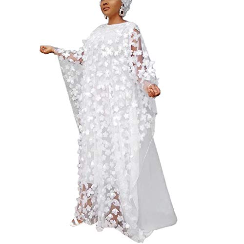 HD Afircan Damen Kleid mit Blumenapplikation, Boot-Ausschnitt, Caftan, Chiffon, Einheitsgröße - Weiß - Einheitsgröße von HD