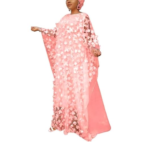 HD Damen-Kleid mit Blumen-Applikationen im afrikanischen Stil, U-Boot-Ausschnitt, Chiffon-Kaftan, Einheitsgröße, Pink, Einheitsgröße von HD