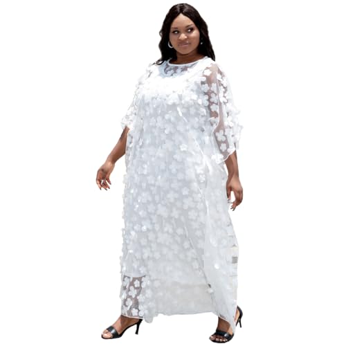 HD Damen-Kleid mit Blumen-Applikationen im afrikanischen Stil, U-Boot-Ausschnitt, Kaftan, Chiffon, Einheitsgröße, Einheitsgröße von HD