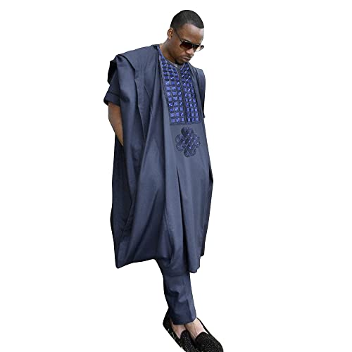 HD Afrikanische Familien-Outfits, nigerianisch, traditionell, Agbada, 3-teilig, Stickerei, Dashiki, Papa und Sohn, Blau-75, X-Large von HD