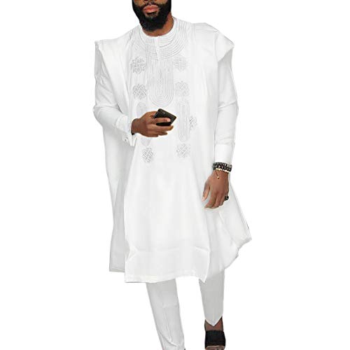 HD Afrikanische Herren-Bekleidung Agbada Kleidung Stickerei Dashiki Shirts und Hosen Outfits 3-teilig, Weiß, X-Large von HD