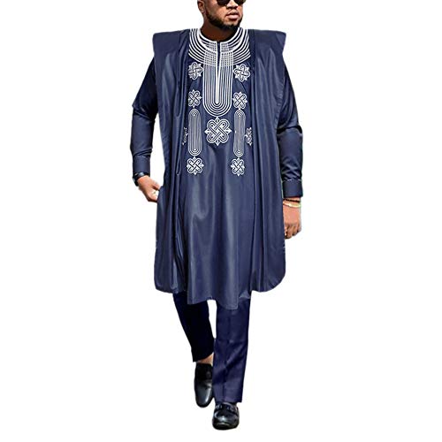HD Afrikanische Herrenbekleidung Agbada Kleidung Stickerei Dashiki Hemden und Hosen Outfits 3-teilig, Blau, XXX-Large von HD