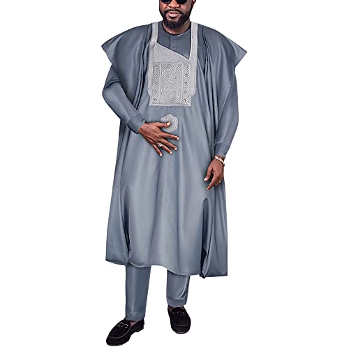 HD Afrikanische Herrenbekleidung Agbada Kleidung Stickerei Dashiki Hemden und Hosen Outfits 3-teilig, Grau-02, X-Large von HD