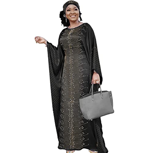 HD Afrikanische Kleider für Damen, modisches Kaftan-Maxikleid mit Perlen und Strasssteinen, Schwarz, Einheitsgröße von HD