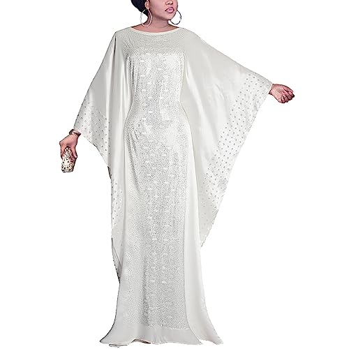 HD Afrikanische Kleider für Damen, modisches Kaftan-Maxikleid mit Perlen und Strasssteinen, Weiß - 87 (mit Innengürtel-Version), Einheitsgröße von HD