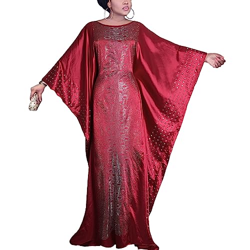 HD Afrikanische Kleider für Frauen Mode Perlen Strass Kaftan Maxi Kleid, Rot-87 (mit innerer Riemen-Version), Einheitsgröße von HD