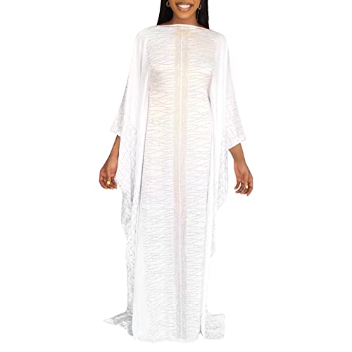 HD Afrikanische Kleider für Frauen Mode Perlen Strass Kaftan Maxi Kleid, Weiss/opulenter Garten, Einheitsgröße von HD