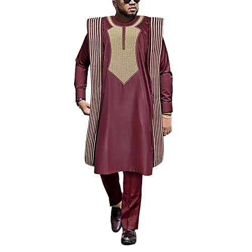 HD Afrikanische Herrenbekleidung, traditionelle Hochzeitskleidung, Stickerei, Agbada Boubou Kaftan, nigerianisches Kleidungsset, Rot-2, XXX-Large von HD