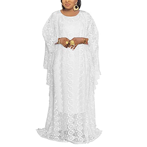HD Damen Kaftan Kleid bodenlang Spitze Afircan Bubu Kleid U-Boot-Ausschnitt Kaftan Kleid Übergröße, Weiße Spitze, Einheitsgröße von HD